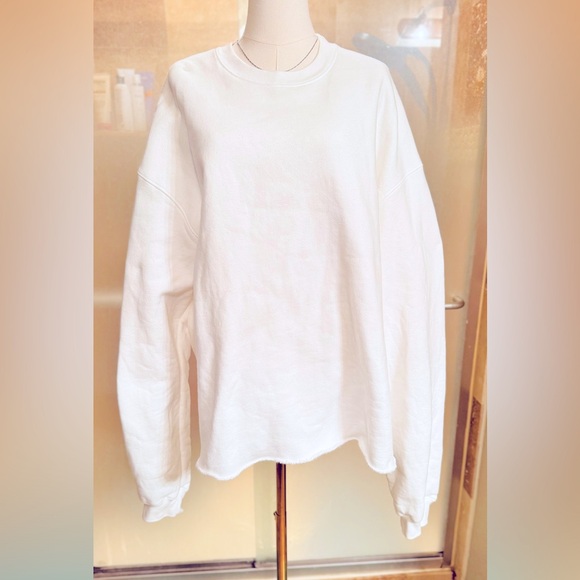 MADHAPPY Solid White Oversized Crewneck Sweatshirt w Raw Hem 100% COTTON Unisex - Picture 2 of 15